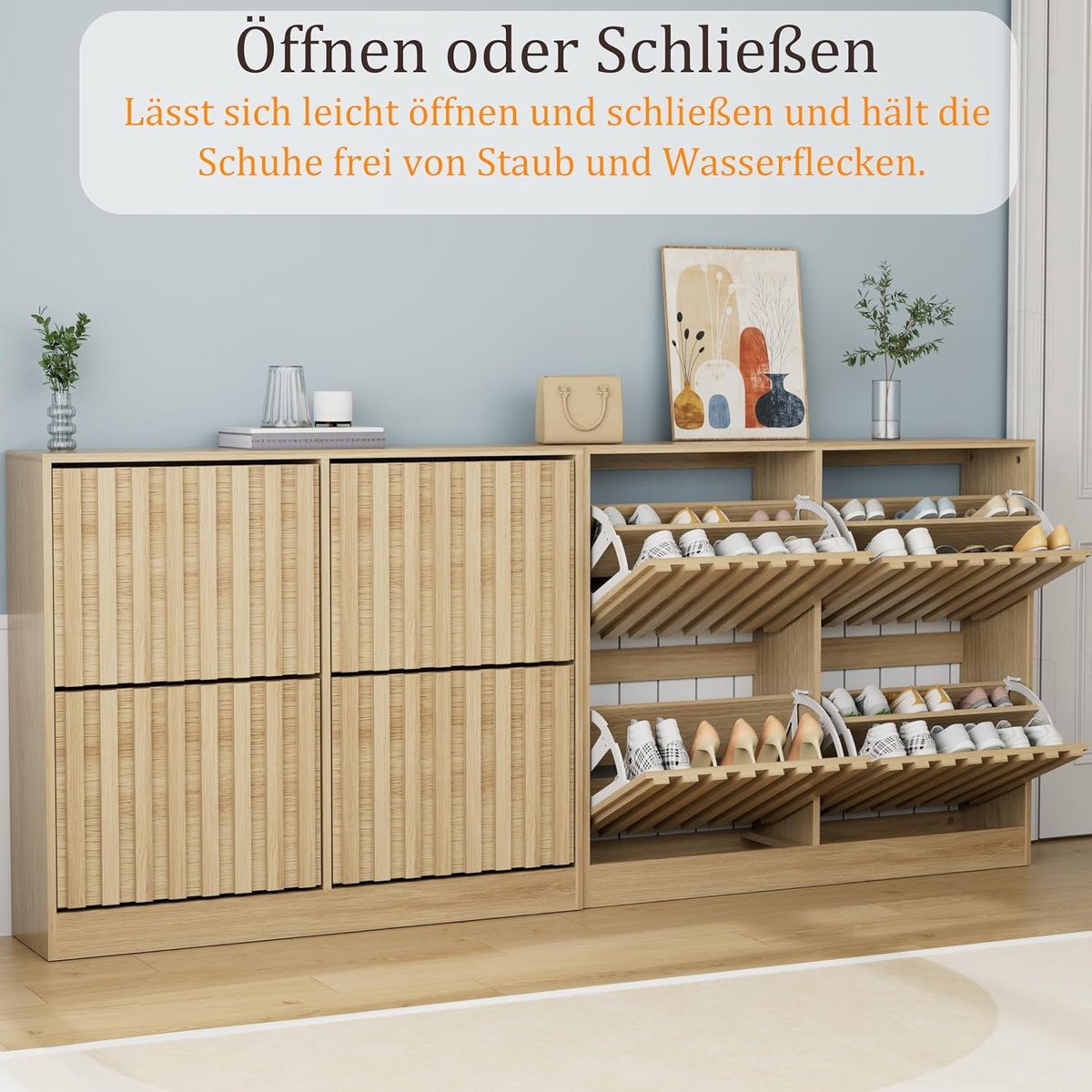 Schoenenkast met 4 Kleppen Smal – Hal Schoenenkast Industrieel Design Naturel Houtlook – Anti-Kantel Veiligheid – Verstelbare Scheidingswanden – 102 cm Breed x 24 cm Diep x 86,5 cm Hoog – Schoenenrek / Halmeubel / Schoenopslag – House&Garden