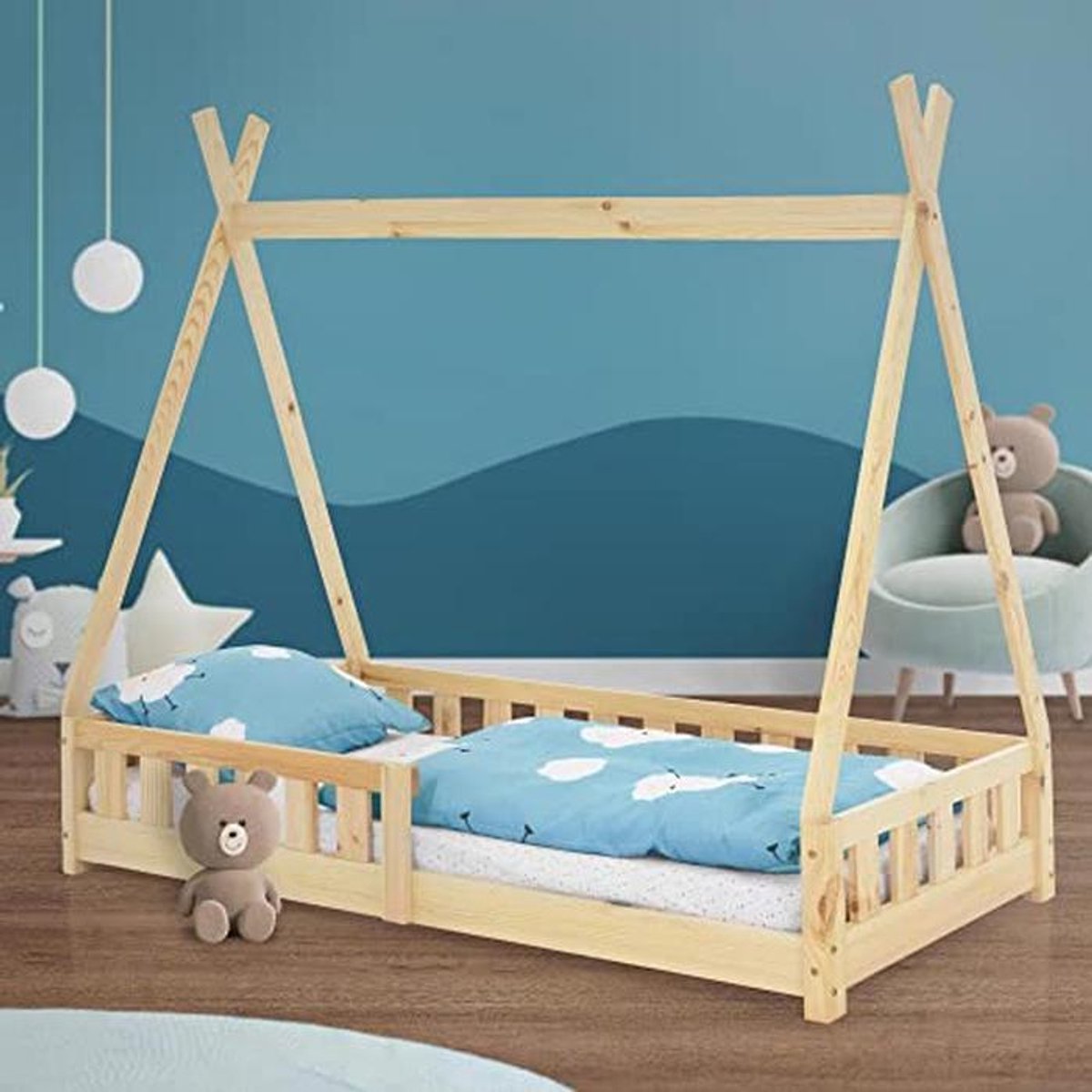 Kinderbed Tipi - Speelhuis Bed - Avontuurlijk Slapen - Met Uitvalbeveiliging - 80x160 cm - Naturel