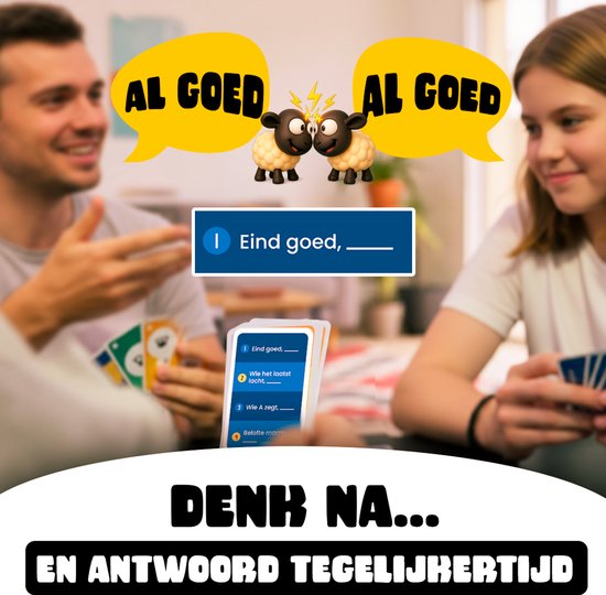Twee schaapjes met gele ballonnen met "AL GOED" erop. Een spelkaart met "Eind goed, ____".