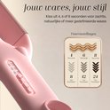 Roze haarkruller met timerinstellingen van 4, 6, 8 seconden voor verschillende wave-stijlen.