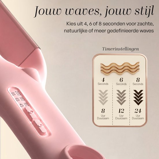 Roze haarkruller met timerinstellingen van 4, 6, 8 seconden voor verschillende wave-stijlen.