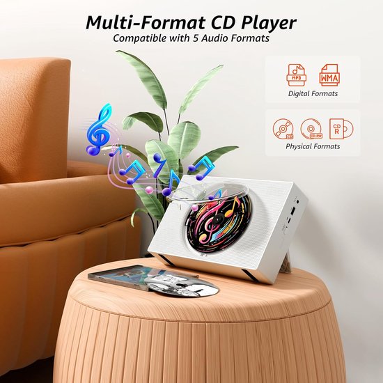 Draagbare cd-speler met Bluetooth - Oplaadbare cd-speler met FM-radio, USB, AUX en afstandsbediening - Stereogeluidssysteem met 4000 mAh-batterij - Ondersteunt cd/cd-r/cd-rw/mp3/wma（Wit） — afbeelding 2
