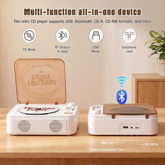 Draagbare cd-speler met Bluetooth, 2600mAh-batterij, USB- en AUX-ingang, twee 3W-luidsprekers en afstandsbediening - ideaal voor senioren, een nostalgisch cadeau of voor een thuisfeestje (wit) — afbeelding 4
