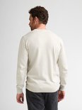 Man met beige trui met lange mouwen, rug en achterkant hoofd zichtbaar.