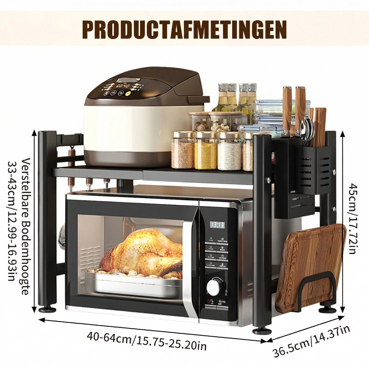 Uitschuifbaar Magnetron Rek – Koolstofstaal Keuken Organizer – Enkele Laag Opbergrek – Zwart — afbeelding 5