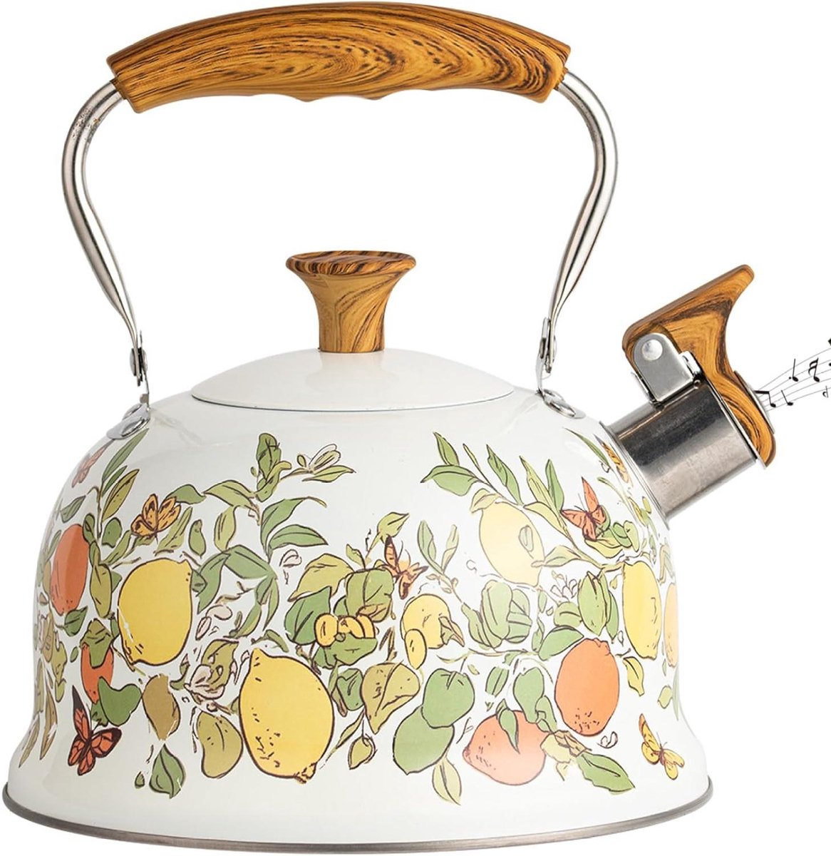 Theeketel Kookplaat - Fluitketel Roestvrij Staal - Thee en Koffie Zetten - Elegant Citroenpatroon Ontwerp - 3 Liter Capaciteit - Wit
