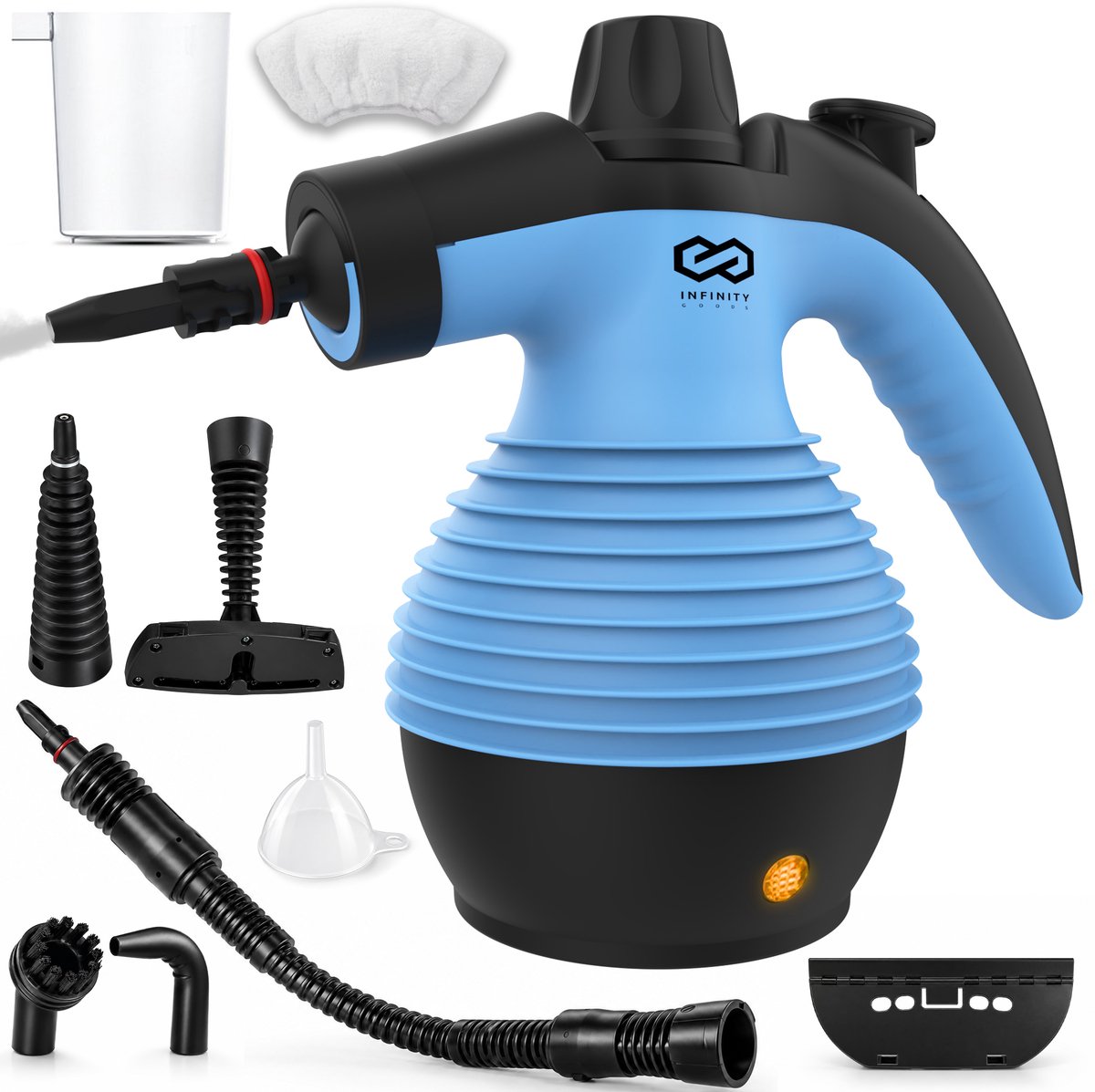 Infinity Goods Stoomreiniger - 12-in-1 Handstoomreiniger - Handstomer - Vlekkenreiniger - Tapijtreiniger - 10 Opzetstukken - 1050 Watt - 3.2 Bar - Blauw