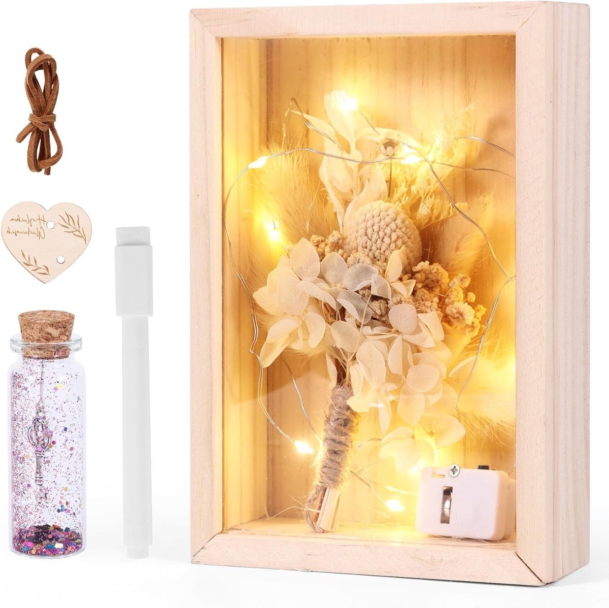 Creatief Geschenk voor Bruidsparen, Dried Flowers, Houten Doos met Testbuis en Sfeervolle Verlichting, Perfect voor Verjaardag en Doop