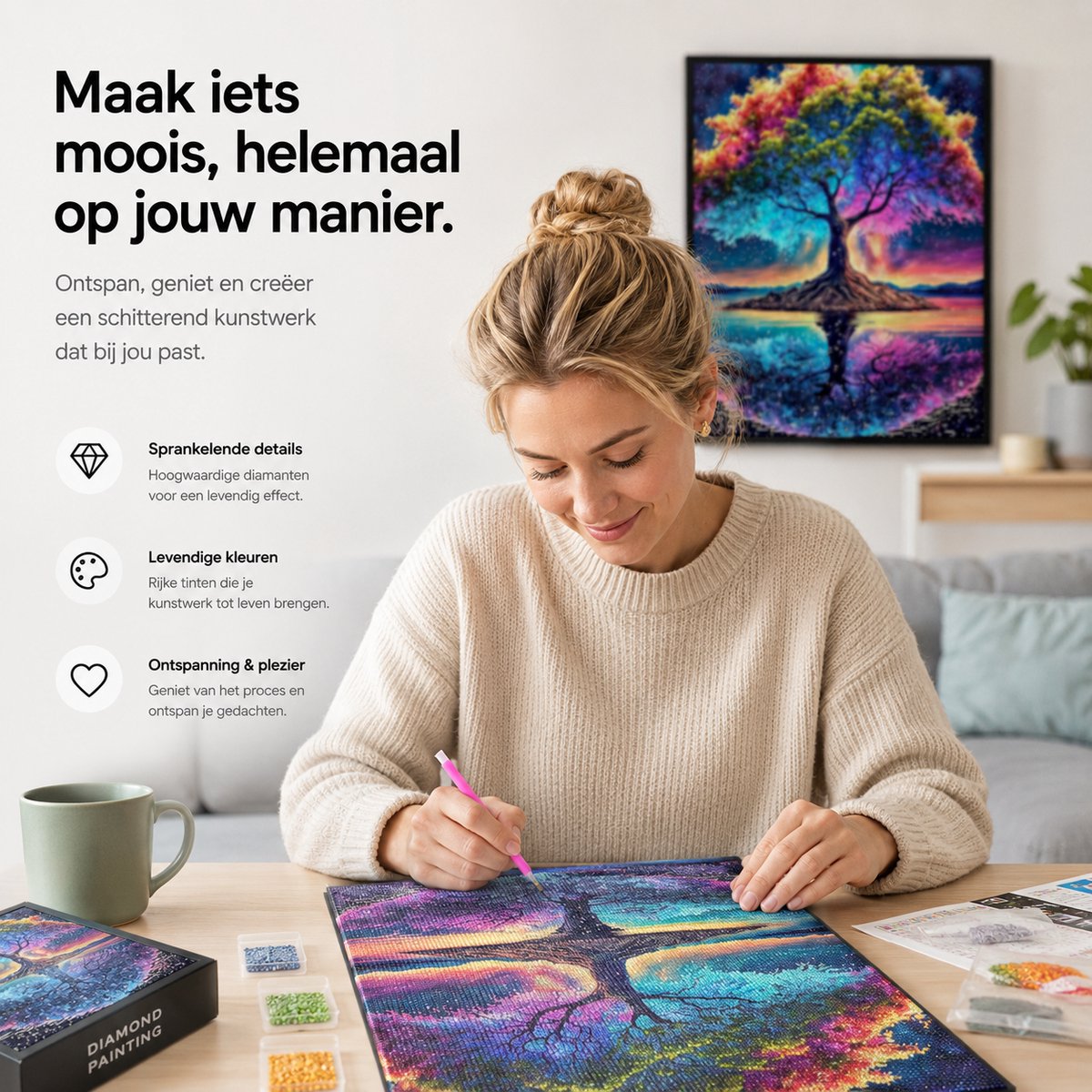 BOTC Diamond Painting Volwassenen - Diamond Painting Kinderen - Diamond Painting Pakket Volledig - Boom - 30x40cm — afbeelding 5