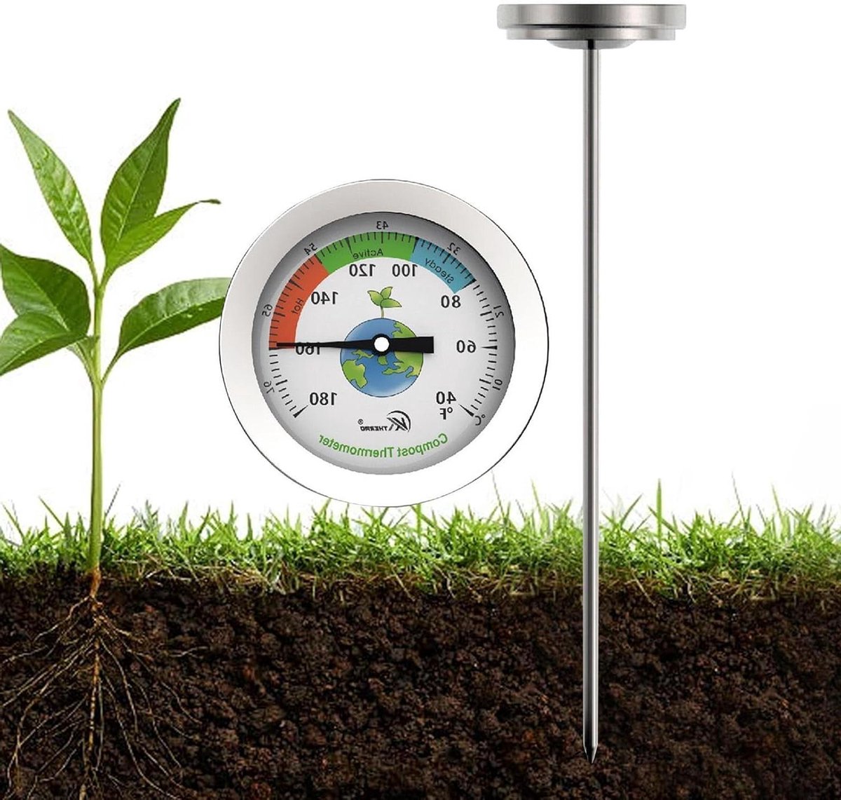 Bodemthermometer - Temperatuurmeter Tuin - Bodemtemperatuur Meten - Roestvrij Staal - 20 cm Diep - Zilverkleurig