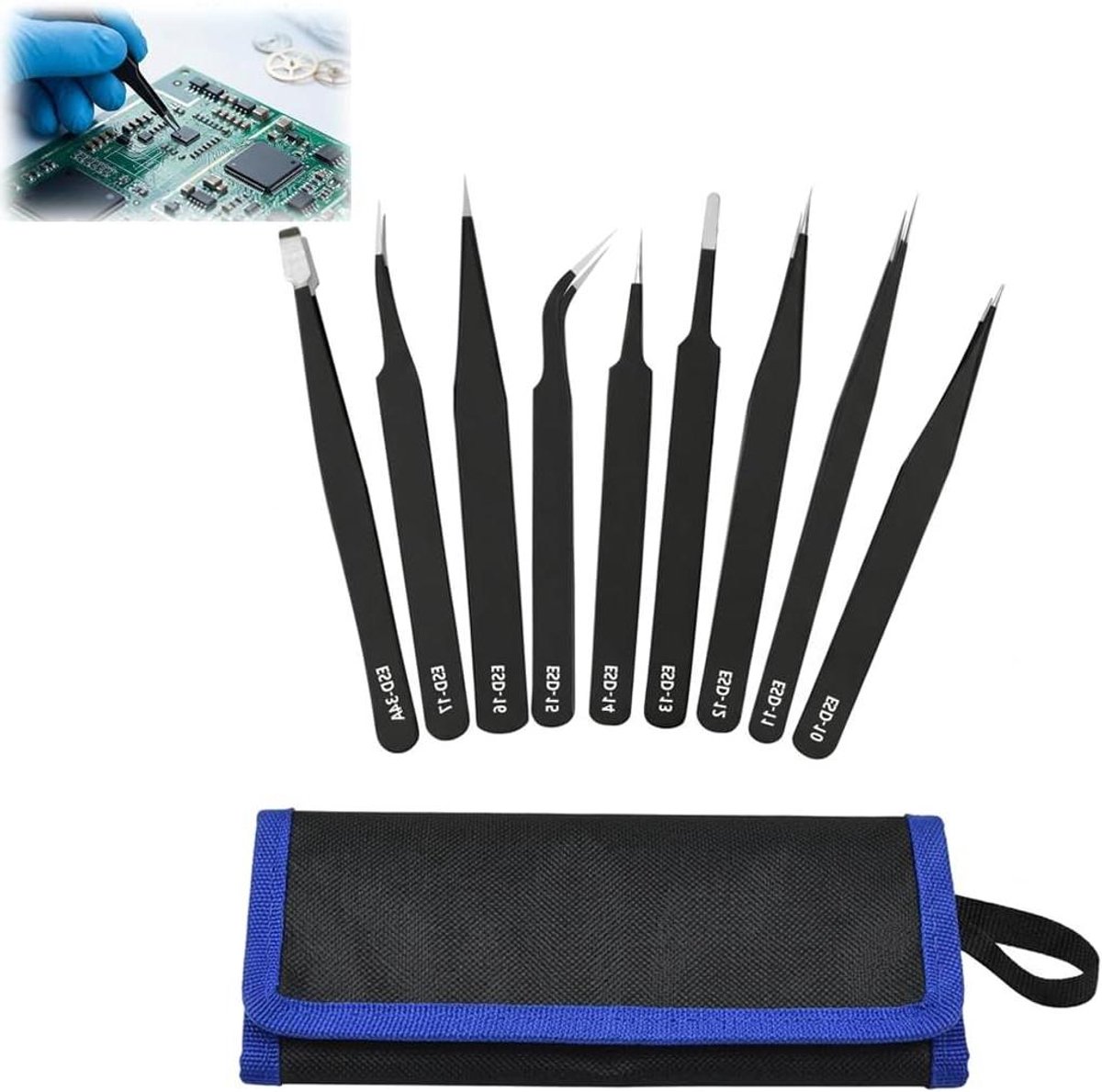 Pincettenset - Precisie Tangen - Fijn Werk - Antistatische Grip - 9 Delig - Zilver
