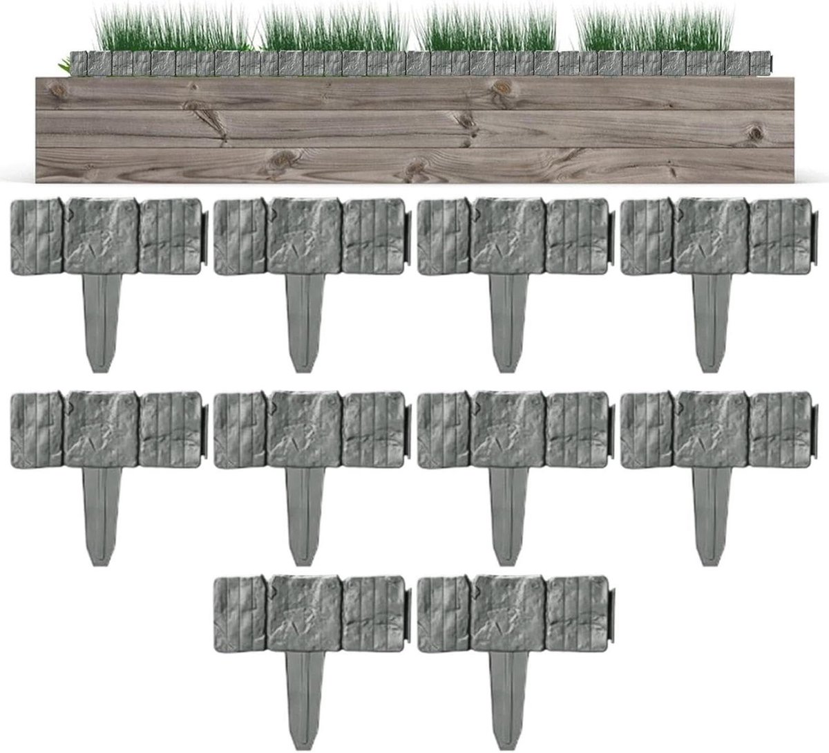 Kunststeen Tuinborder - Imitatie Randafwerking - Tuin Afscheiden - Flexibel Modulair - 10 Stuks - Grijs