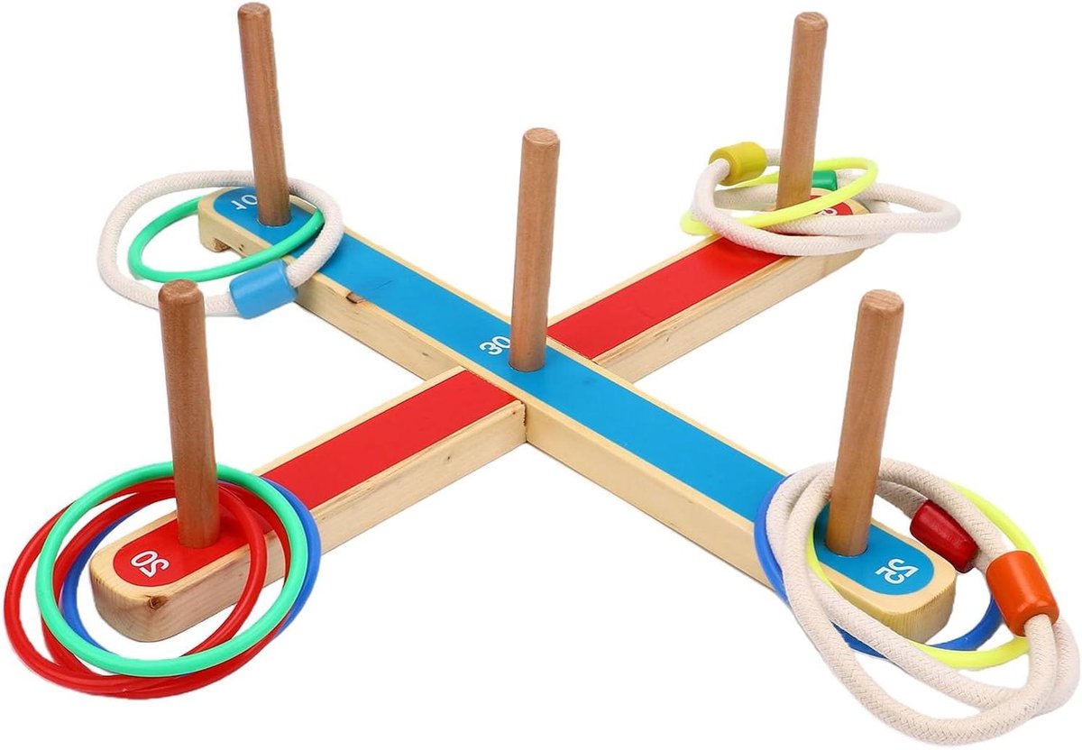 Houten Ringwerpspel - Familie Activiteit - Buiten Spelen - Inclusief Draagtas - 5 Ringen - Multicolor