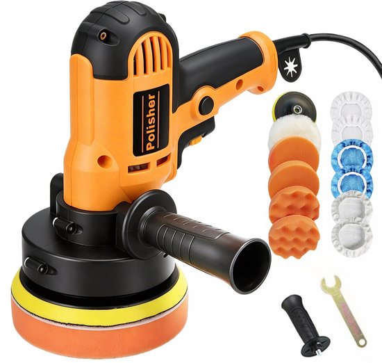 Gele polijstmachine met diverse pads, handvat en accessoires.