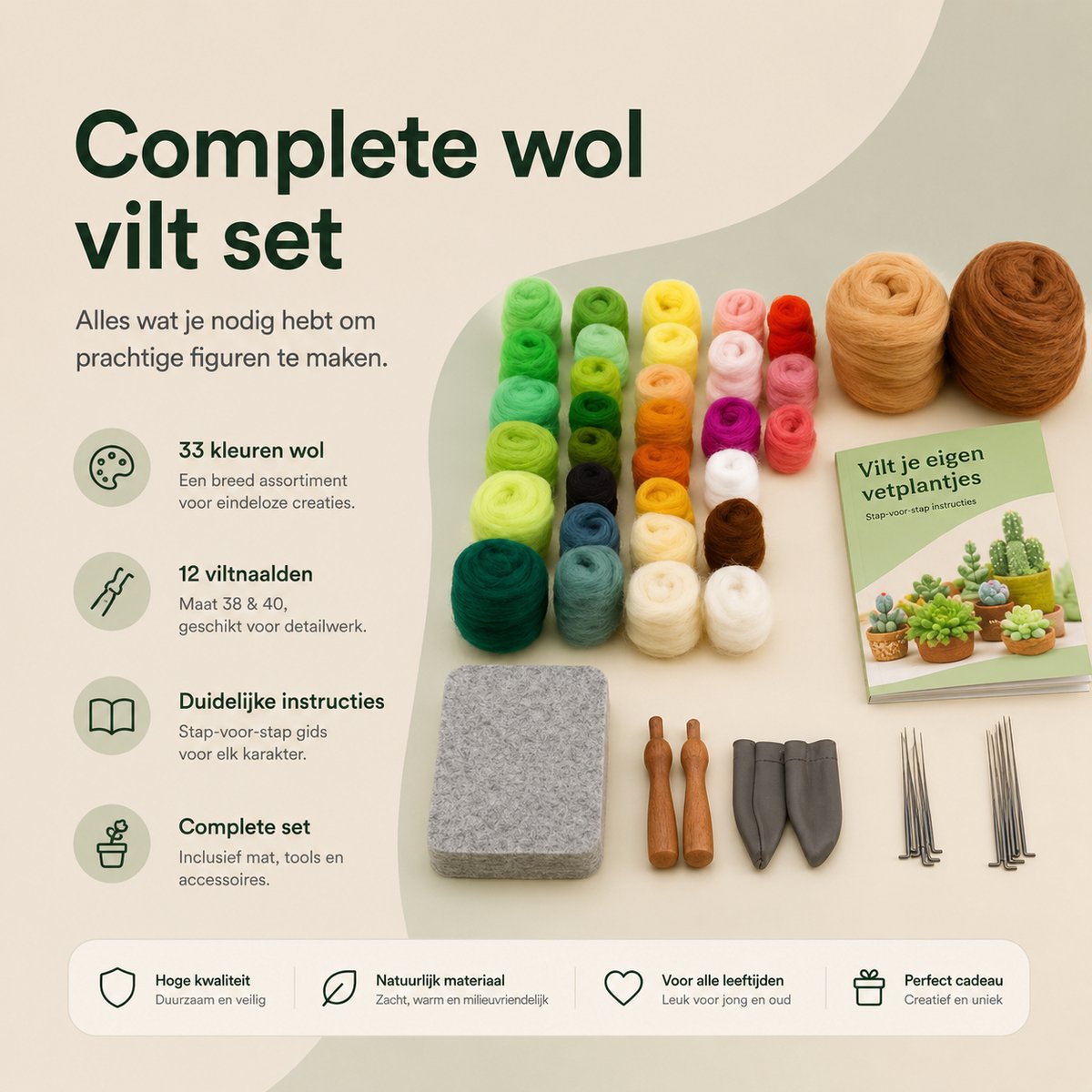 BOTC Naaldvilten - Starterset - Needle felting - Instructie inbegrepen - Gekaarde wol - Viltnaalden - Vetplanten — afbeelding 4