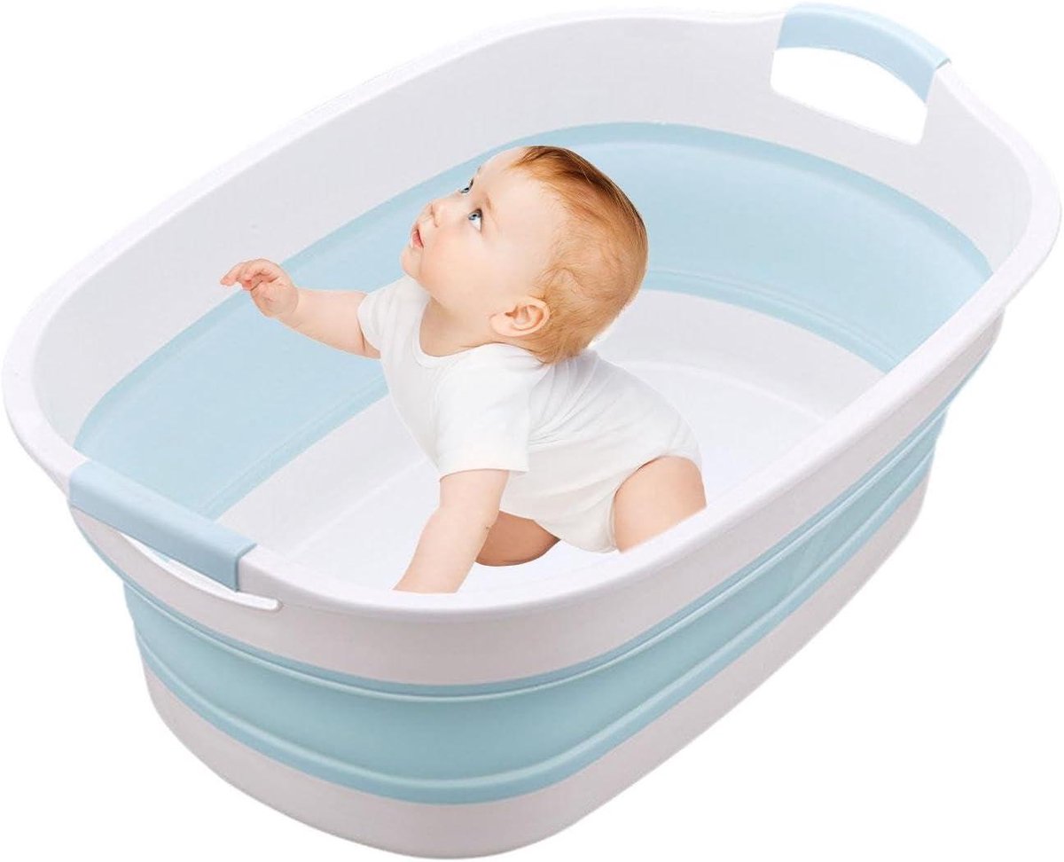 Opvouwbaar Babybad - Reisbad Kinderbad - Veilig Baden - Eenvoudige Afvoer - 60 x 40 cm - Blauw en wit