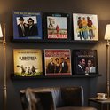 Zwarte planken met LP's van The Blues Brothers, Ry Cooder, Crossroads, The Soggy Bottom Boys, Cadillac Records en Soul to Soul.