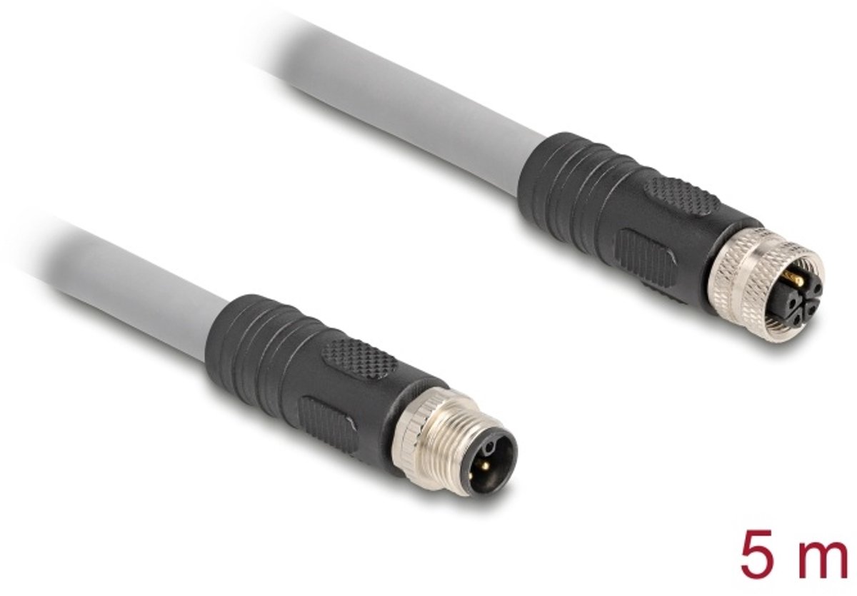 Delock M12 Cable L-coded 5 pin male to female PUR suitable for drag chains 5 m grey