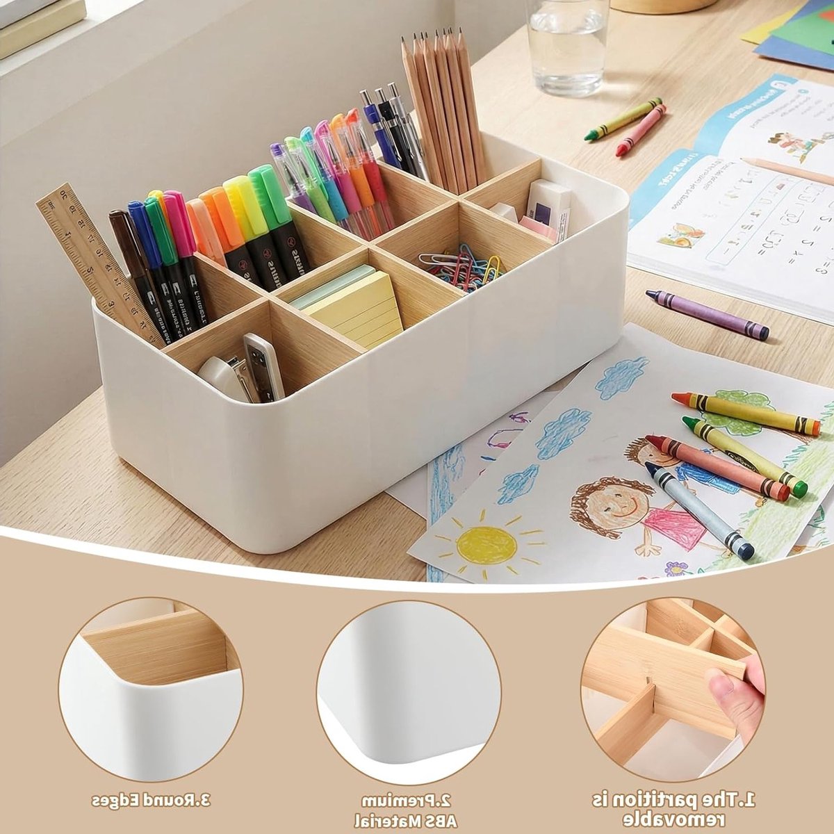 Bureau-organizer van bamboe met 8 vakken, afneembare opbergdoos voor pennen en cosmetica, stijlvolle bureau-accessoires voor een opgeruimd bureau — cadeau in Wonen & Interieur - foto 2