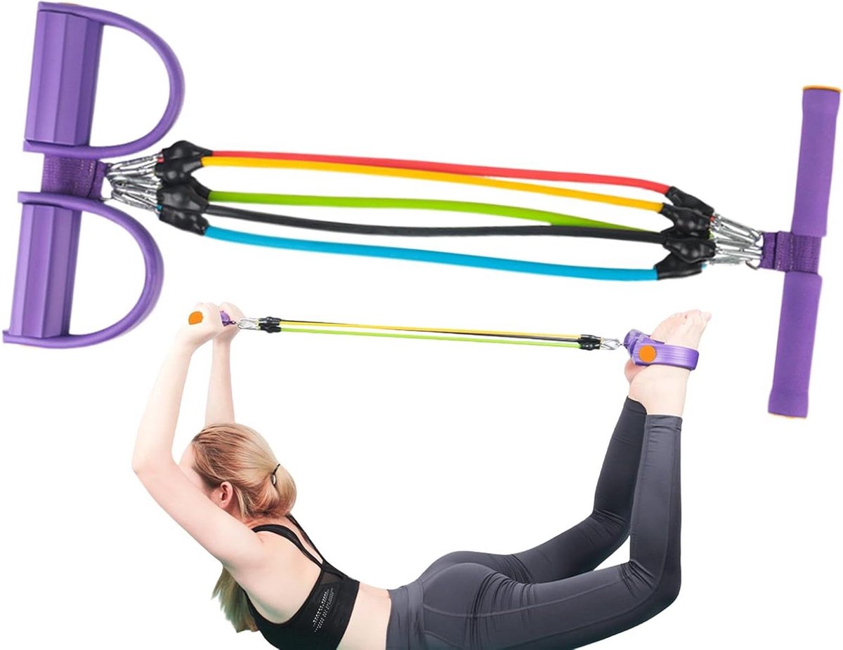 Belly Trainer Multifunctionele spankabel met rugtrainer en fitnessriemen, SIT-UP-trainingsuitrusting, 6 slangen, elastisch trekkoord