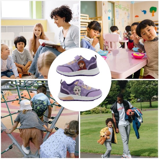Collage van kinderen die buiten spelen, op school zitten en een collage met twee Frozen sneakers.
