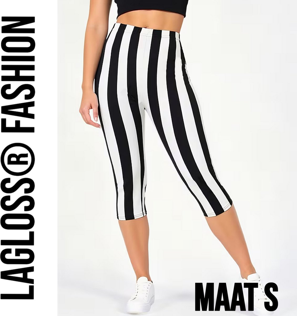 LaGloss® Dames 3/4 Yoga Legging Met Hoge Taille Zwart & Wit Gestreept – Hoge Stretch Sportlegging – Comfortabele Gym & Yoga Broek – Maat S