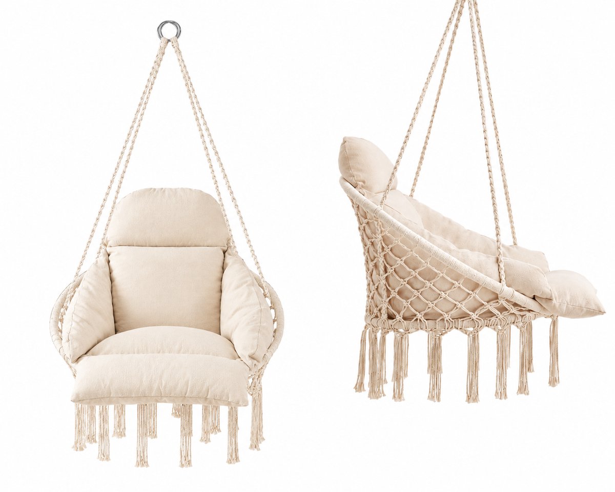 SmartLiving.Store - Hangstoel - Scandinavische Hangfauteuil - Tuinstoel - Boho Schommelstoel - Macrame - Creme - belasting 120 kg