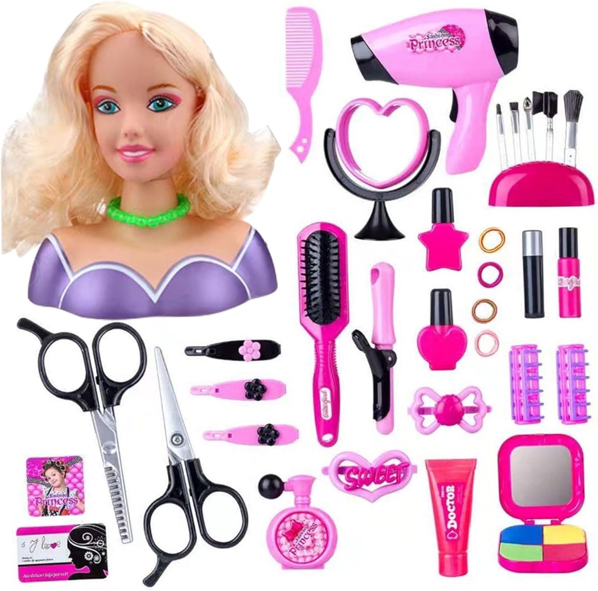 Poppenhoofd Styling - Kappershoofd Kinderen - Oefenen Kapsels - Inclusief 35 Accessoires - 26 x 18 x 16 cm