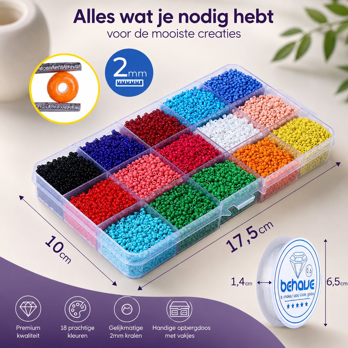 Behave Glaskralen Set 30.000 Stuks — Rocailles 2 mm — 30 Kleuren Pastel & Fel + Rijgdraad — afbeelding 11