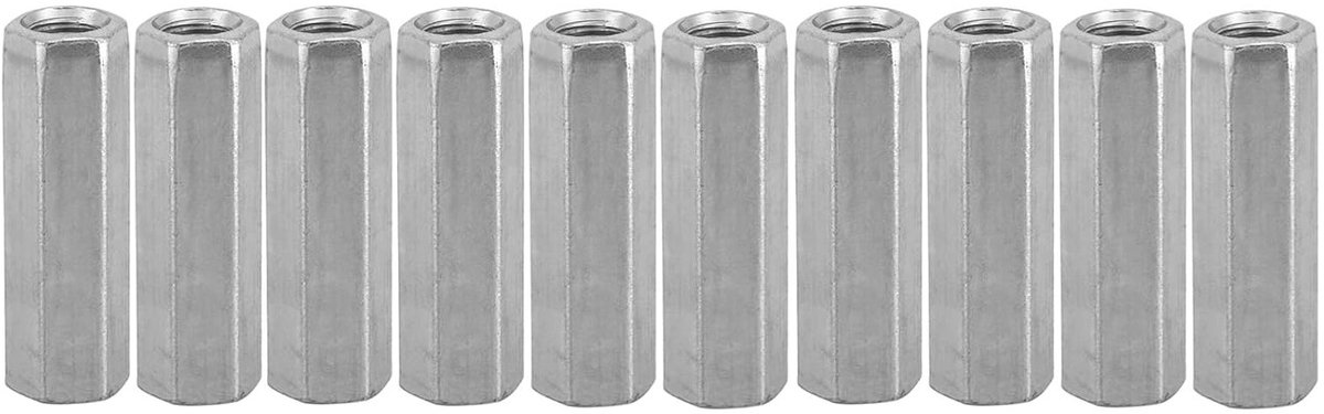 Set van 10 M8 Lange Moeren, Hexagon Moeren en Coupling Moeren van Koolstofstaal voor M8 Draadbevestigingen en Spacer Toepassingen