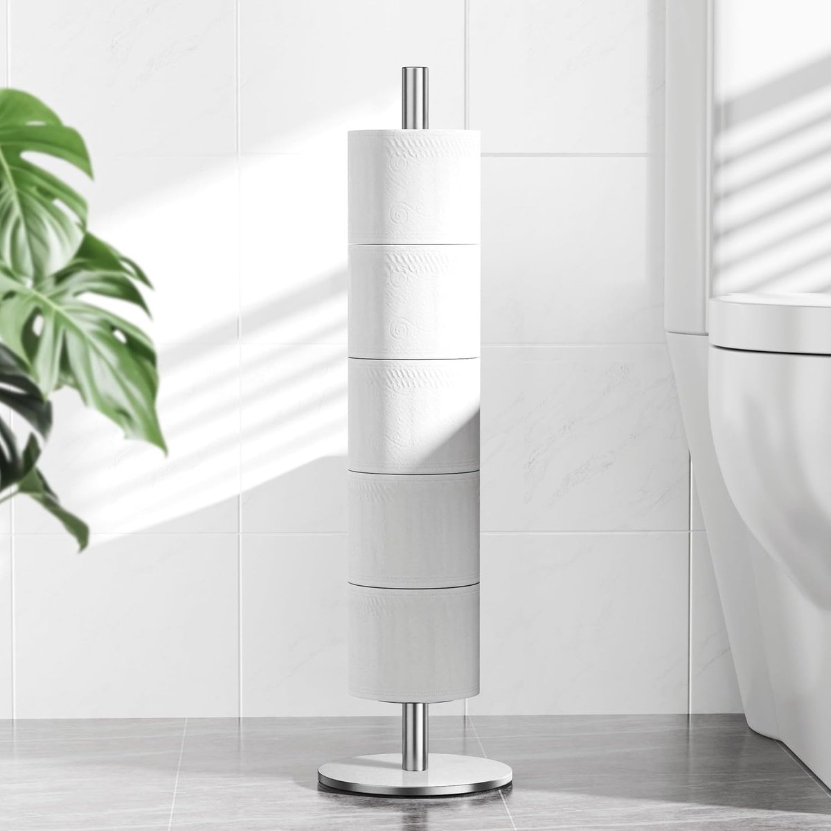 Vrijstaande Houder - Toiletpapierhouder RVS - 1 Stuk 65cm Hoog - Met Reservewiel Opbergplek - Voor Moderne Badkamer Inrichting - Mat Zilverkleurig
