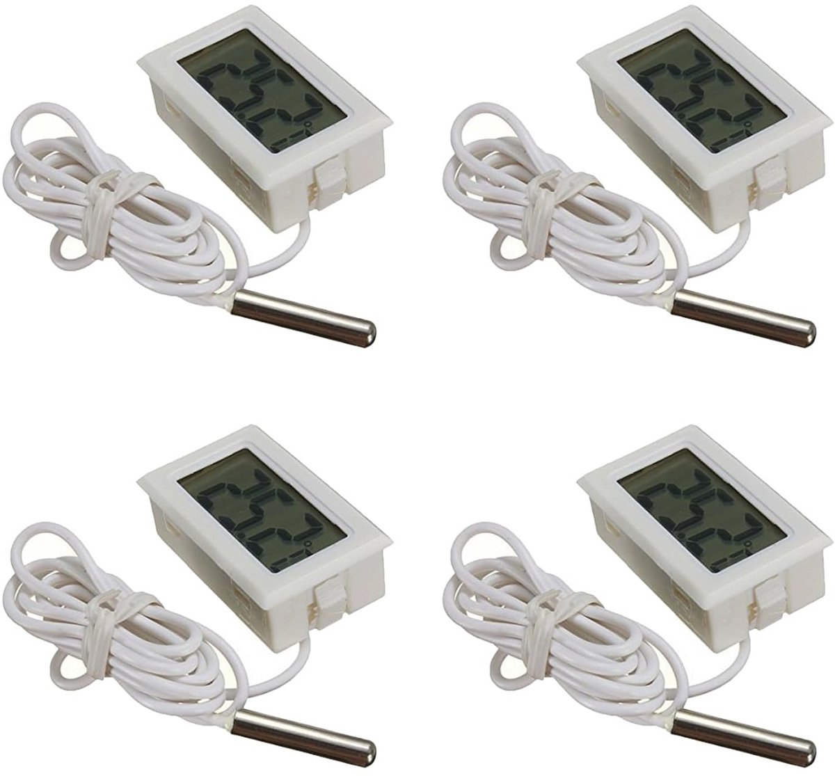 Digitale LCD Thermometer - Temperatuurmeter Sensor - Koelkast Bewaking - Externe Sonde - 4 stuks - Wit