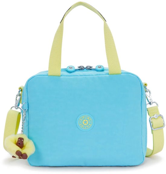 Blauwe Kipling lunchbox met gele hengsels, schouderband en aapje-sleutelhanger.