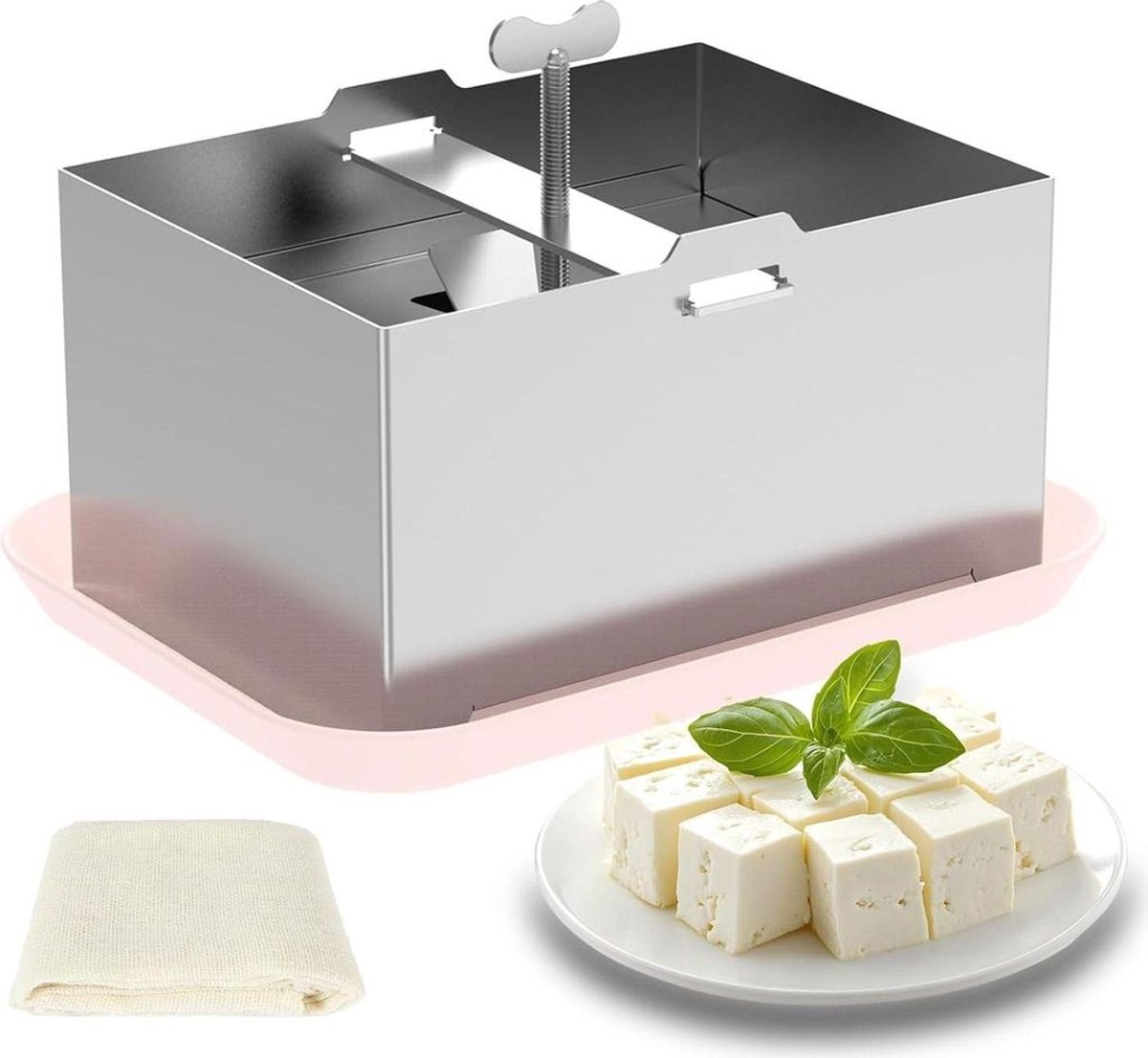 De roestvrijstalen tofu-pers wordt geleverd met kaasdoek en een lekbak en kan worden gebruikt om zelfgemaakte stevige tofu, Indiase kaas en gewone kaas te maken. Hij is vaatwasmachinebestendig.