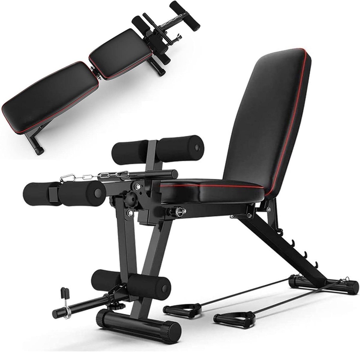 Krachttrainingsbank - Fitnessbank verstelbaar - Full body workout - 4 kantelhoeken - Met elastische touwen - Zwart