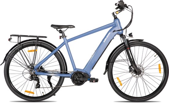 Blauwe e-bike met bagagedrager, verende voorvork en hydraulische schijfremmen.