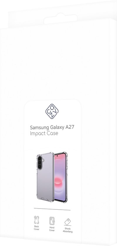 Verpakking van een doorzichtige Samsung Galaxy A27 Impact Case met afbeelding van de case en de telefoon.