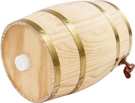 Houten vat liggend met gouden banden, witte dop en houten tapkraan.