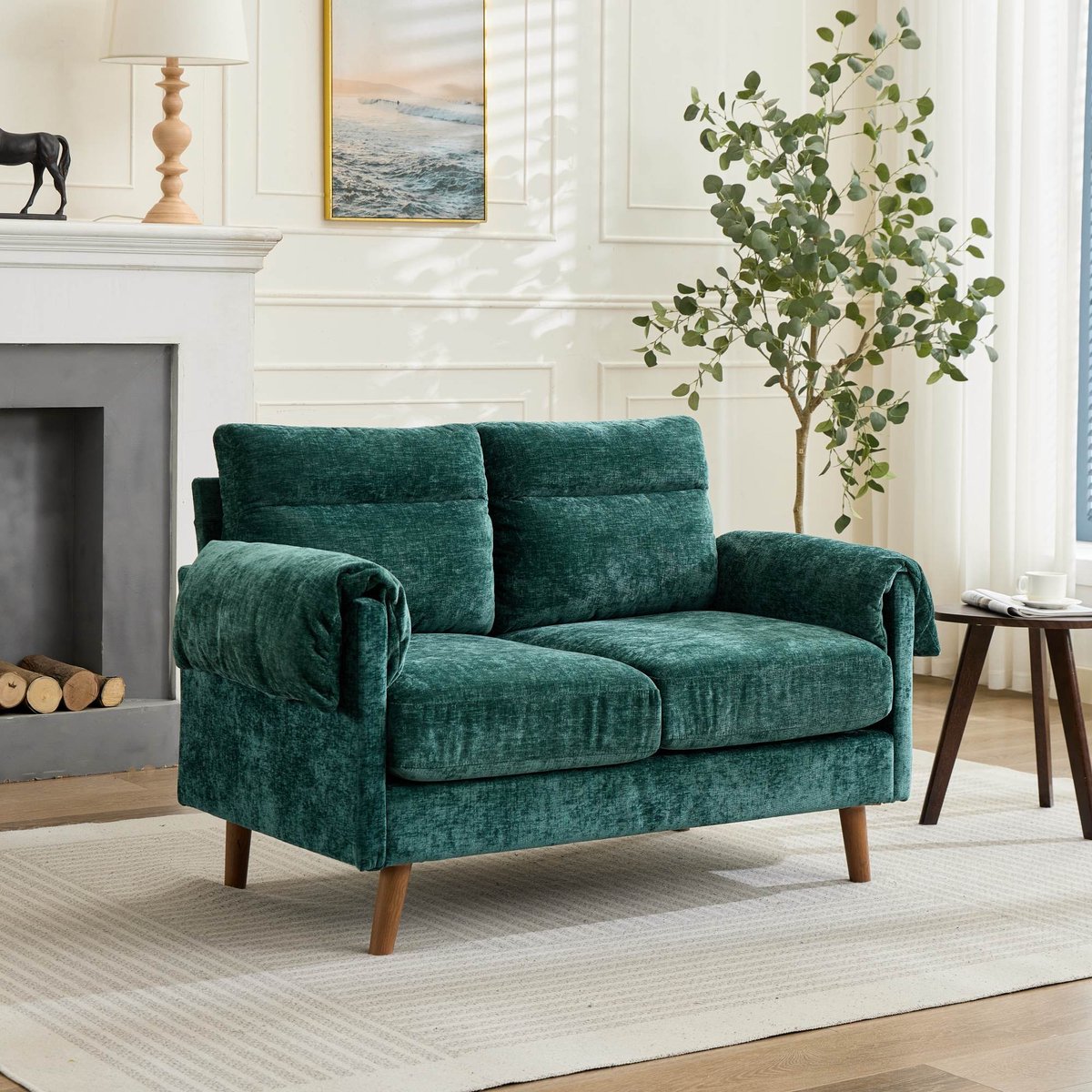Zitbank - Chenille zitbank - Bank met armleuningen - Comfortabele compacte 2-zitsbank - 124 x 70 X 85 cmGeschikt voor Woonkamer/Kantoor/Appartement - Groen