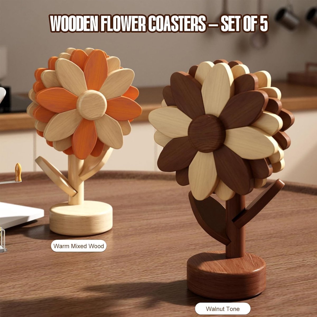 Daity 5-Delige set — Hittebestendige onderzetters — Houten onderzetterset in zonnebloemvorm — Hittepads van beukenhout — Geschikt voor hete potten, pannen, schalen en theepotten — deaal cadeau voor een housewarming of voor in de keuken — cadeau in Koken & Dineren - foto 6