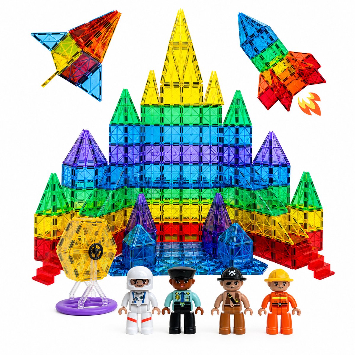 Magnetic tiles - XL 129 stuks - Magnetische tegels - Speelgoed - Magneet tegels - Montessori - Bouwstenen - Travel set - Constructiespeelgoed - Met 4 magna poppetjes — afbeelding 14