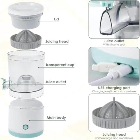 Elektrische mini-sapcentrifuge, USB-oplaadbaar, draagbare sapcentrifuge voor citrus en appel, veilige automatische pers voor restaurant en thuisgebruik van Merkloos — afbeelding 2
