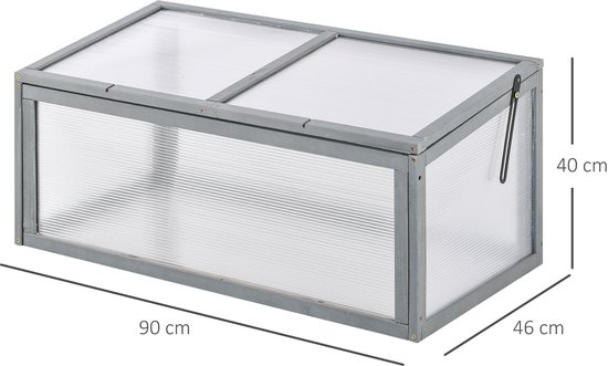 Grijze houten mini-kas met transparante polycarbonaat panelen en afmetingen 90x46x40 cm.