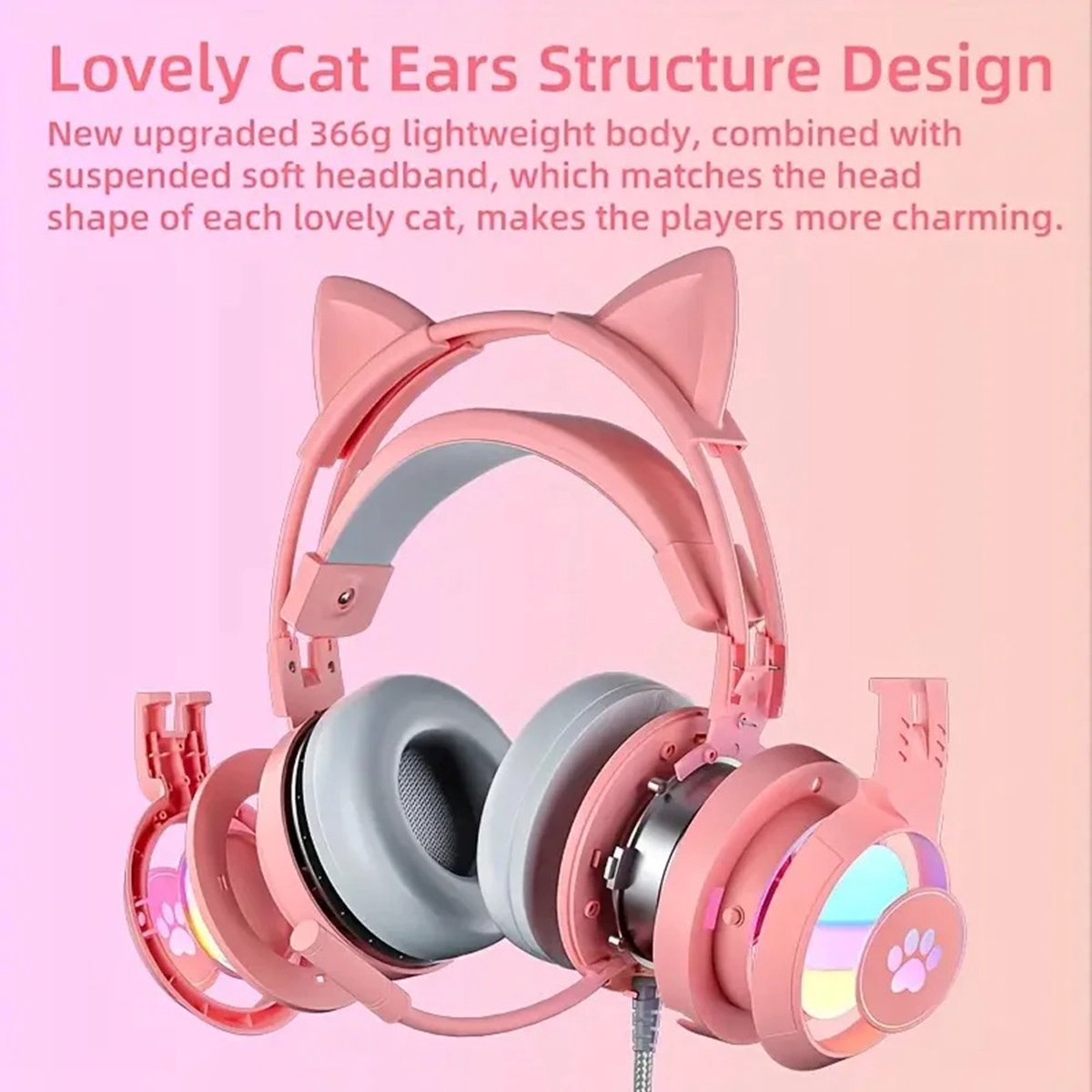 Zolara Noise cancelling koptelefoon - Roze Gaming Headset - Kattenoren - Voor PC, Laptop & Console - Over Ear Koptelefoon met Microfoon en Surround Geluid