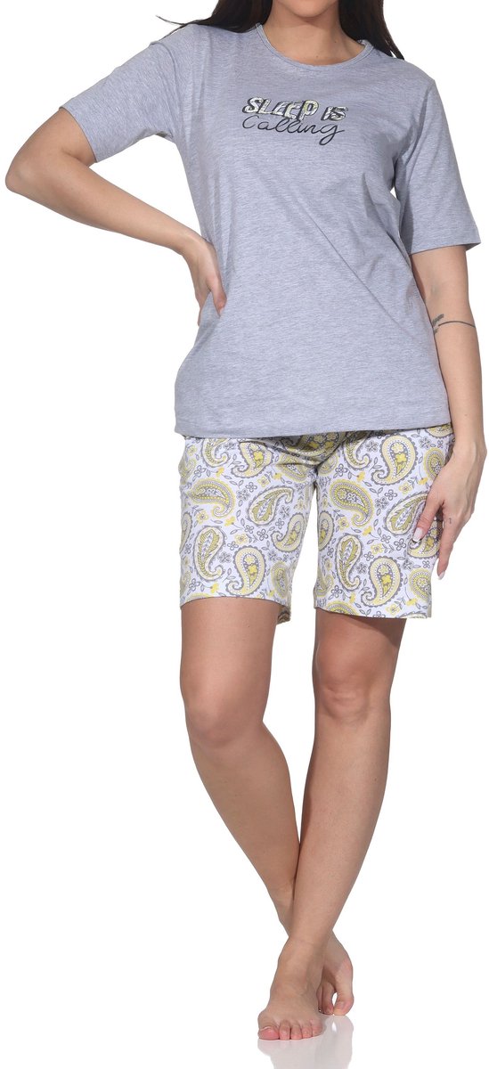 Normann dames shorty pyjama korte mouw met frontprint & paisley ook in grote maten grau-mel.