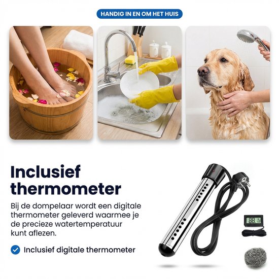 Deluqse Dompelaar - 3000W - Emmerdompelaar - Dompelaar voor Zwembad - Reisdompelaar - Met Staalspons en Thermometer - Dompelaar Waterkoker - Zwembad Verwarming - Water Verwarmer van Deluqse — afbeelding 3