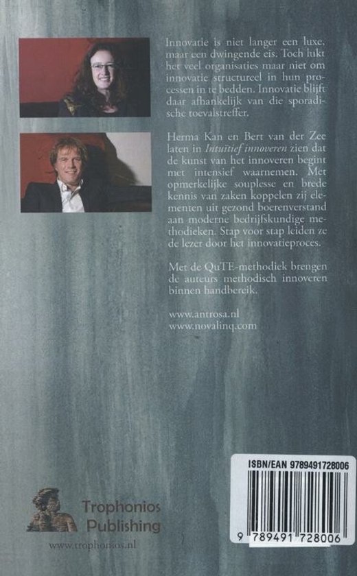 Achterkant boek met foto's van Herma Kan en Bert van der Zee, tekst over innovatie en QuTE, en ISBN.