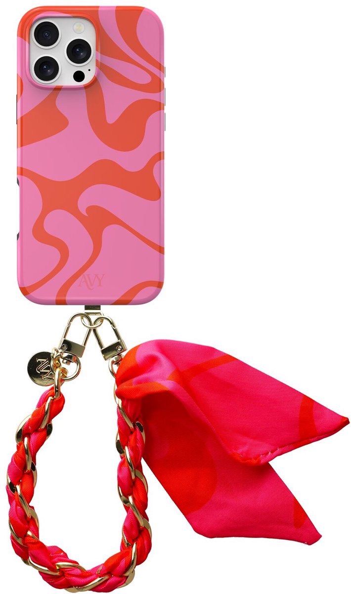 AVY Hoesje Met Telefoonkoord | Geschikt voor Apple iPhone 16 Pro | Compatibel met MagSafe | Hard Shell Back Cover | Stijlvol Bijpassend Koord 32CM | Rosé Twist | Roze