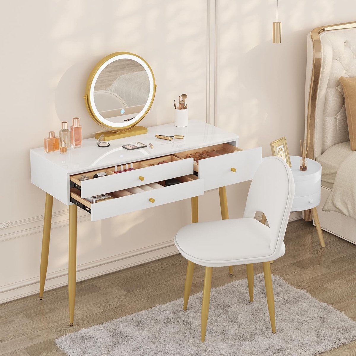 Luxe Hollywood LED Kaptafel Set met Spiegel en Kruk – 2-in-1 Make-up Tafel & Bureau met 3 Lades, Touch Verlichting & Hoogglans Wit/Goud, 100 x 40 x 122 cm