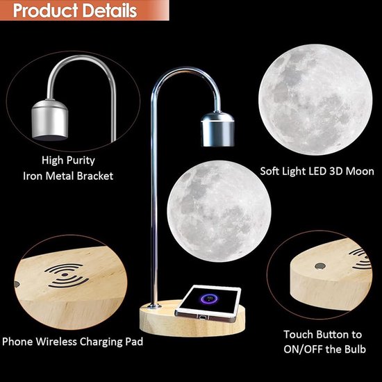 Zwevende Maanlamp - Magnetisch Nachtlampje - Decoratie Kamer - 3D Geprint - 14 cm Diameter - Zilver van Merkloos — afbeelding 5